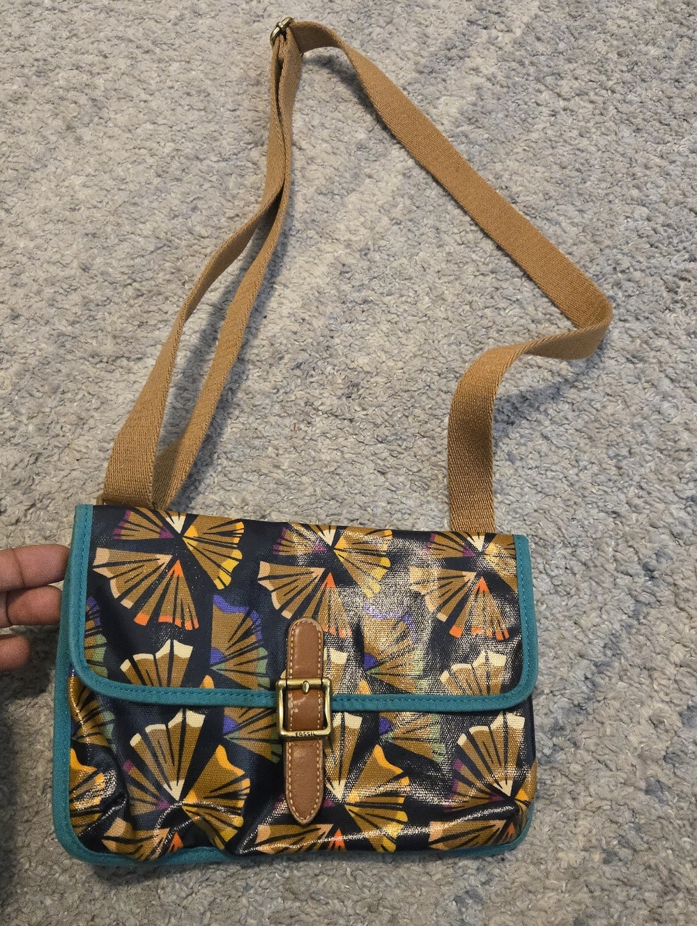 Fossil Key-Per Coated Canvas Crossbody Bag | Retro Fan Print Boho Messenger